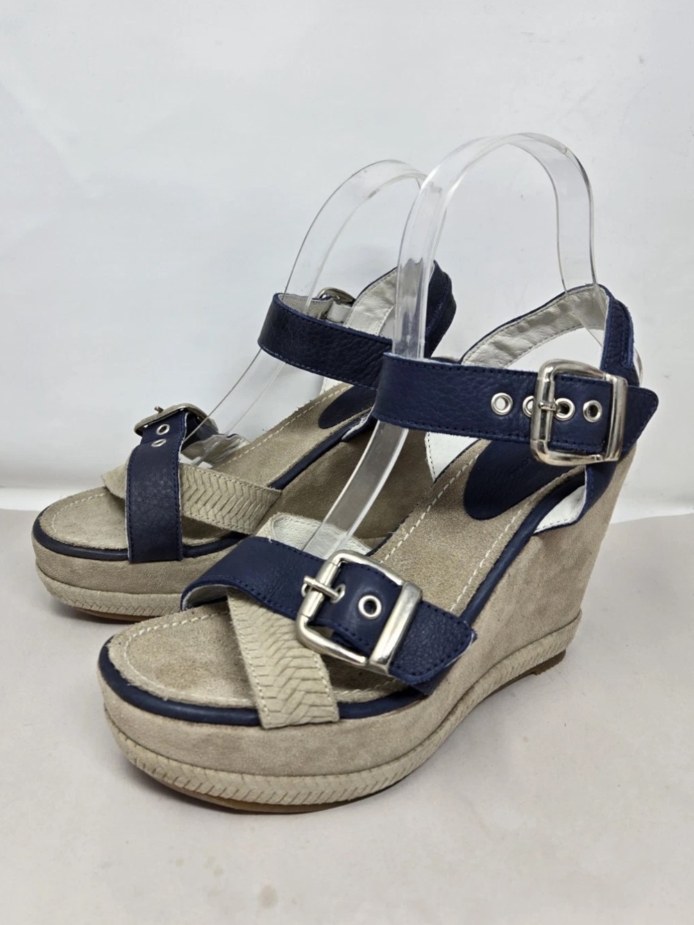 Blackstone Womens Wedge Platform Sandel Sz 38=8 Blue & Tan Leather Suede Adj.